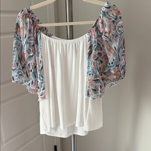 Daytrip White Off-Shoulder Blouse with Pink & Teal Floral Puff Sleeves